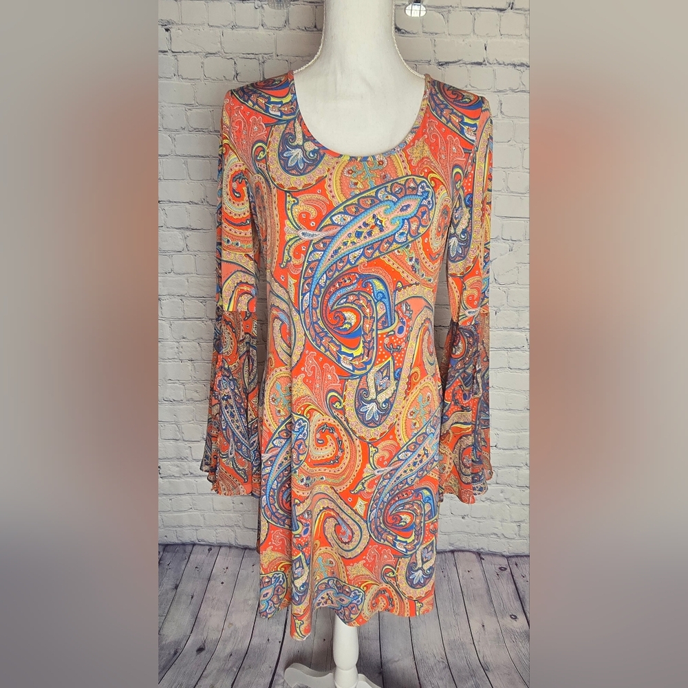 MSK Vibrant Orange Paisley Shift Bell Sleeve Dress M